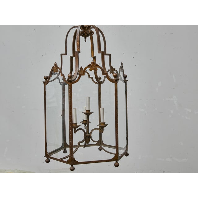 Tall French Wrought Iron Lantern With Glass Panels and Scroll Detailing - 1900s For Sale - Image 16 of 18