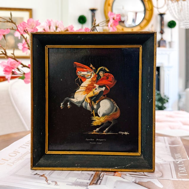 Vintage Miniature Oil Painting of Napoleon Crossing the Alps After Jacques-Louis David - Small Framed French Imperial Portrait Oil on Board For Sale - Image 10 of 10