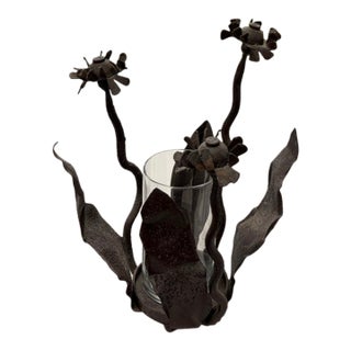 Hand Welded Iron Sculptural Brutalist Floral Candle Holder For Sale