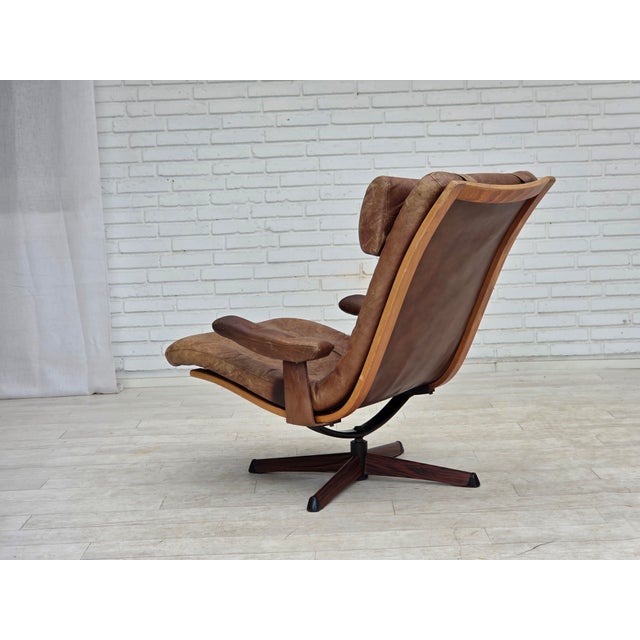 Scandinavian Swivel Armchair in Brown Furniture Leather, 1960s For Sale - Image 12 of 16