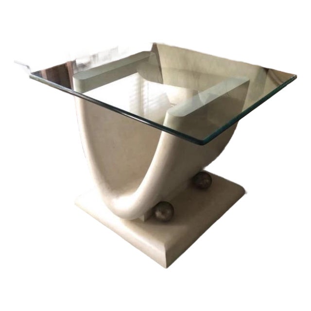 1980s Postmodern Tessellated Mactan Stone Curved Pedestal Side Table With Glass Top For Sale