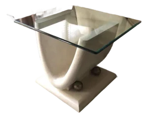 1980s Postmodern Tessellated Mactan Stone Curved Pedestal Side Table With Glass Top