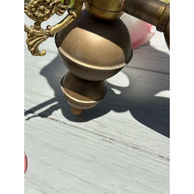 Vintage 3 Light Brass Wall Sconce With Vianne Gas/Electric Shades For Sale - Image 11 of 12