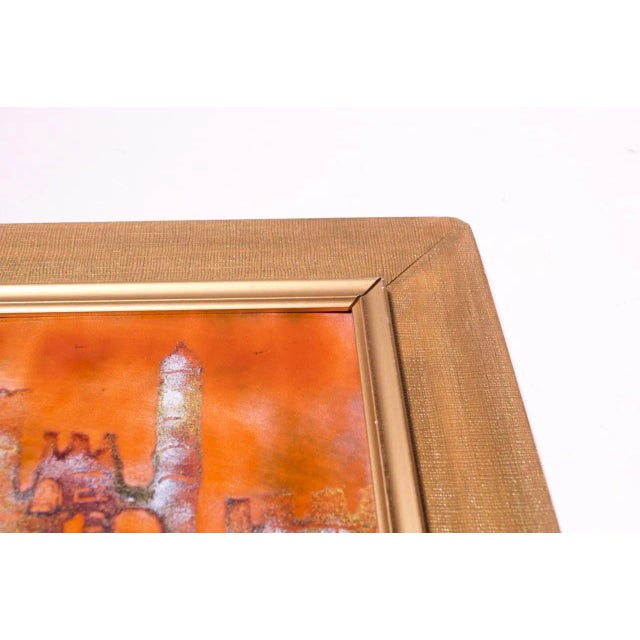 Orange Mid-Century Israeli Enamel on Copper Cityscape For Sale - Image 8 of 12