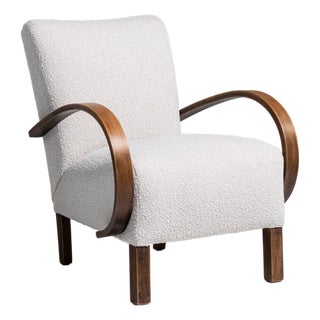 20th Century Czech Republic Warm Ivory Boucle Bentwood-Arm Lounge Chair For Sale