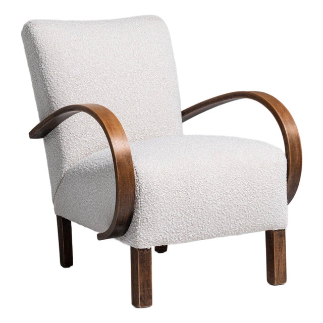 20th Century Czech Republic Warm Ivory Boucle Bentwood-Arm Lounge Chair For Sale