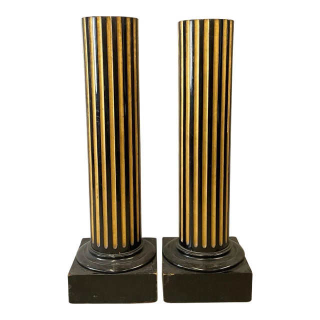 Pair of 1980s Ebonized and Gilded Fluted Column Pedestals For Sale