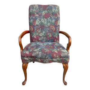 Mid 20th Century Vintage Queen Anne Style Cherry Wood Upholstery Open Armchair