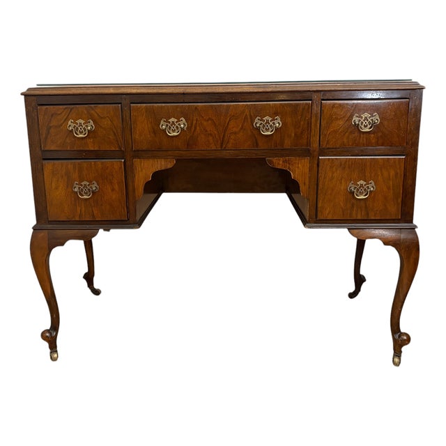 Antique Writing Desk with Leather Inlay and Cabriole Legs on Castor Wheels For Sale
