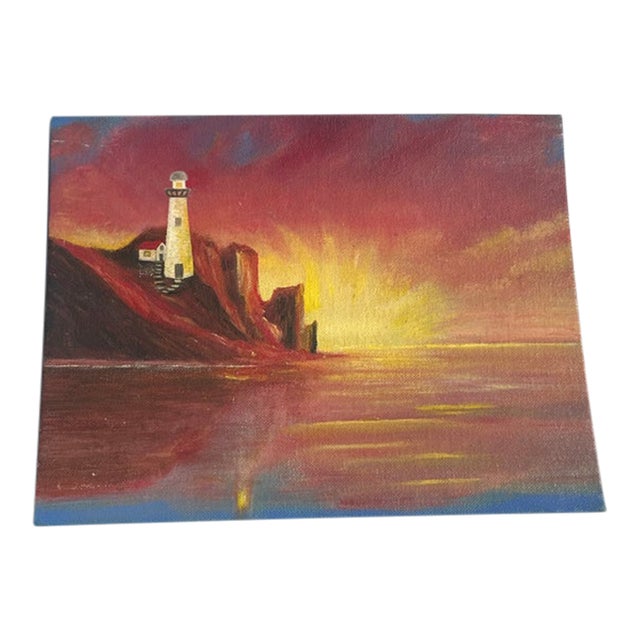 1990s Lighthouse and Sunset Seascape Painting on Canvas For Sale