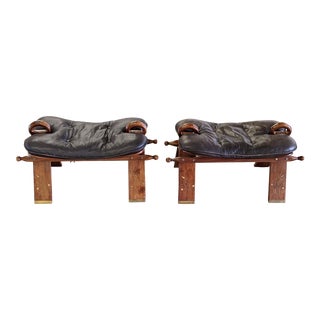 Vintage Camel Saddle Rosewood and Leather Stools - a Pair For Sale