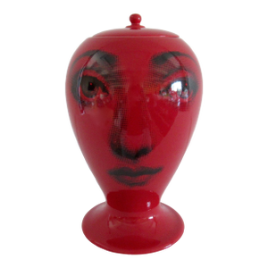 C.1960's Piero Fornasetti Signed "Bounanotte," Porcelain Ceramic Lipstick Red Lidded Vessel/Vase