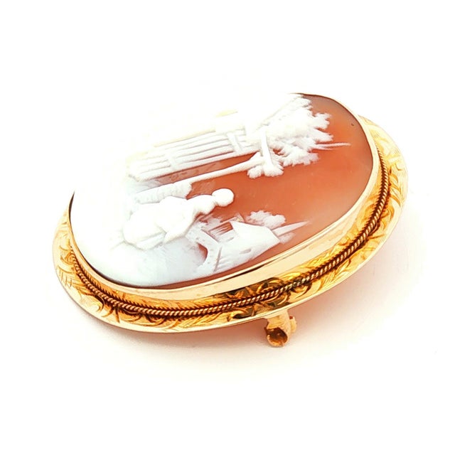 Vintage 10k Yellow Gold Village Scene Shell Cameo Brooch For Sale - Image 4 of 5