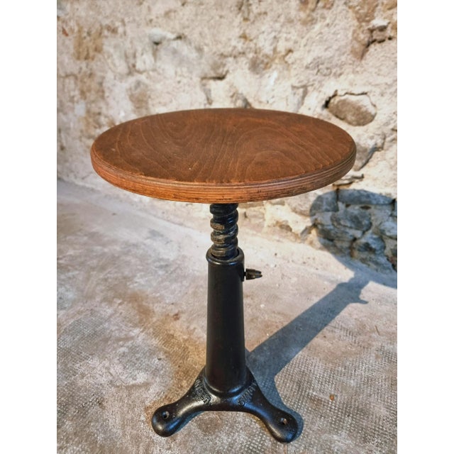 Vintage Industrial Adjustable Swivel Stool with Cast Iron Base and Beech Plywood Seat from Singer, 1950s For Sale - Image 11 of 11