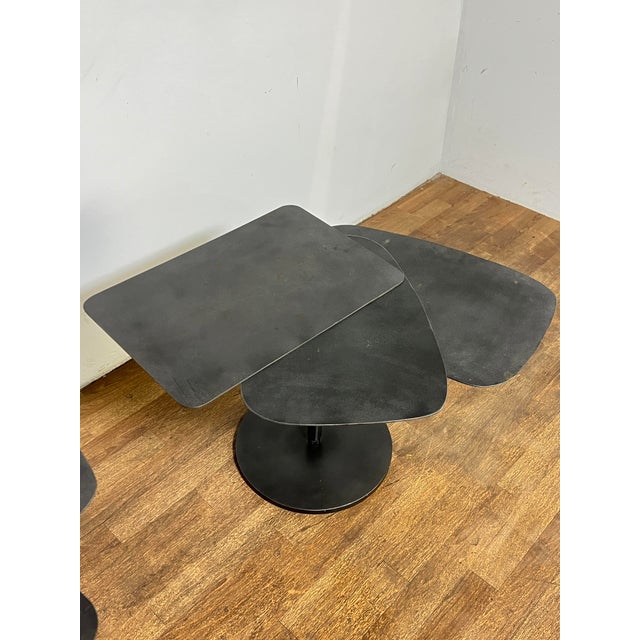 Postmodern Manner of Pierre Chareau Bench Made Steel Fan Side Tables - A Pair For Sale - Image 3 of 8