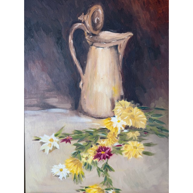Vintage Floral & Pitcher Still Life Oil Painting on Masonite - Framed For Sale - Image 12 of 13