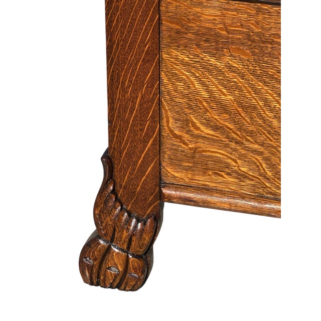 Brown Victorian Tiger Oak Hall Tree With Beveled Mirror & Lift Top Seat on Carved Legs For Sale - Image 8 of 12