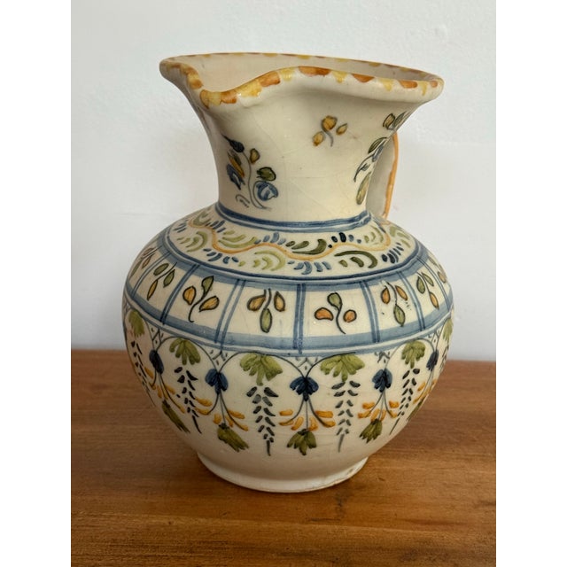 Blue Early 20th Century Spanish Hand Painted Blue and Yellow Pottery Pitcher Jug For Sale - Image 8 of 10