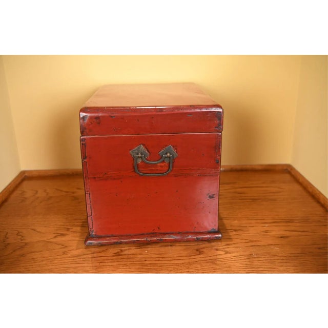 Early 20th Century Antique Chinese Red Lacquered Wooden Chest For Sale - Image 5 of 11