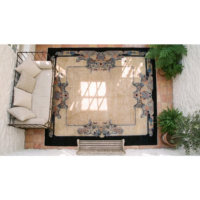 Textile 1920s Tan Camel Asymmetric Antique Chinese Art Deco Rug 8'10" X 11'6" Handknotted Wool Carpet For Sale - Image 7 of 8