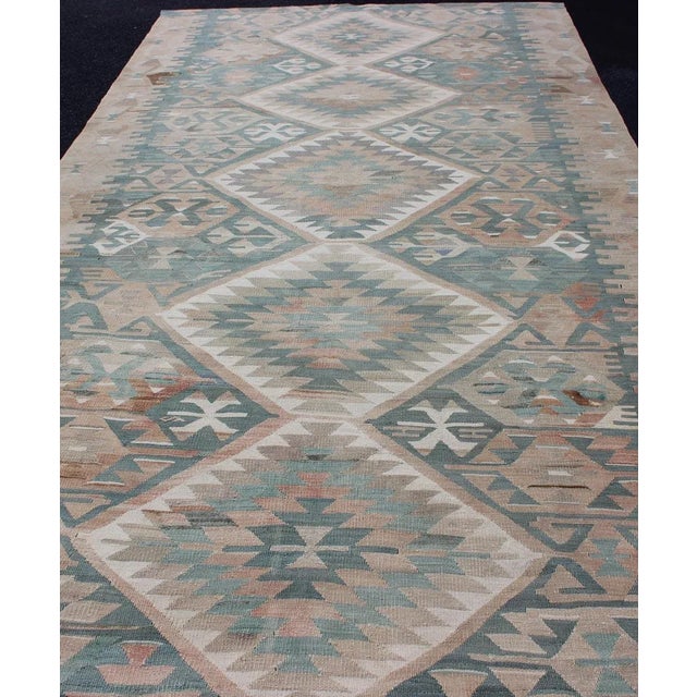 Vintage Turkish Kilim Rug in Soft Blue, Beige, and Muted Coral Geometric Design For Sale In Atlanta - Image 6 of 13