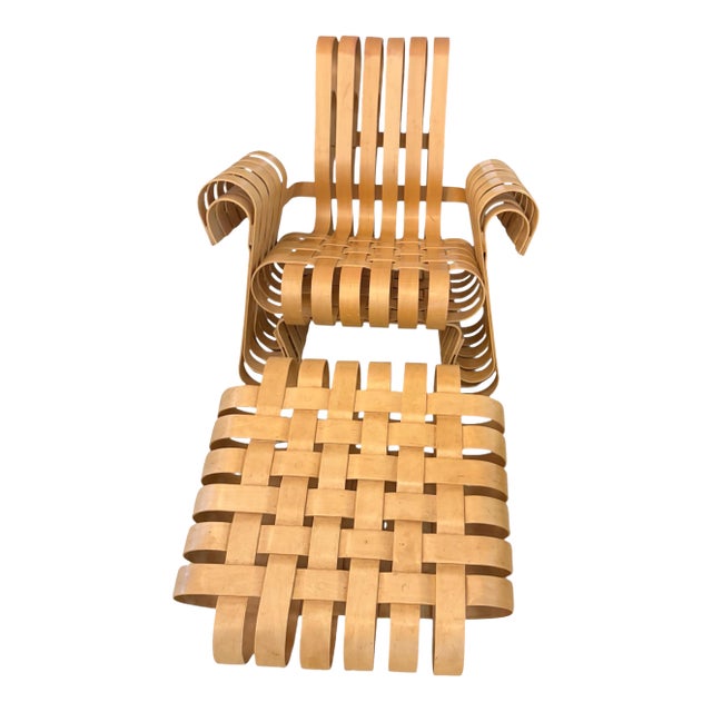 Vintage 1993 Frank Gehry for Knoll Power Play Woven Lounge Chair and Ottoman For Sale