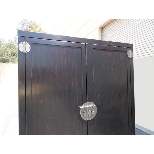 Wood Vintage Asian Baker Furniture Black Lacquer Entertainment Storage Cabinet Armoir For Sale - Image 7 of 13