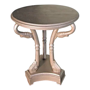 1950s Hollywood Regency Three Swan Legged Round Wooden Pewter Painted Side Table