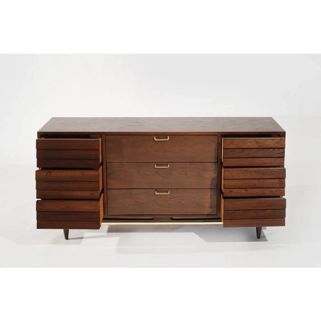 Mid-Century Modern Mid Century Modern Walnut Dresser With Brass Accents, C. 1950s For Sale - Image 3 of 12
