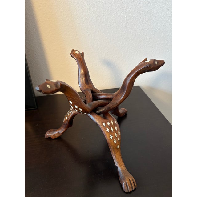 Exceptional 1930s Hand‑Carved Rosewood Snake Tripod Stand W/Bone Inlay For Sale - Image 4 of 5