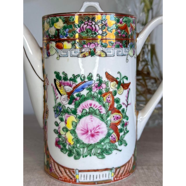 Vintage Lotus Bloom Famille Rose With Gilded Accents Hand Painted Canton-Guangcai Porcelain Chinese Tea Pot For Sale - Image 6 of 12