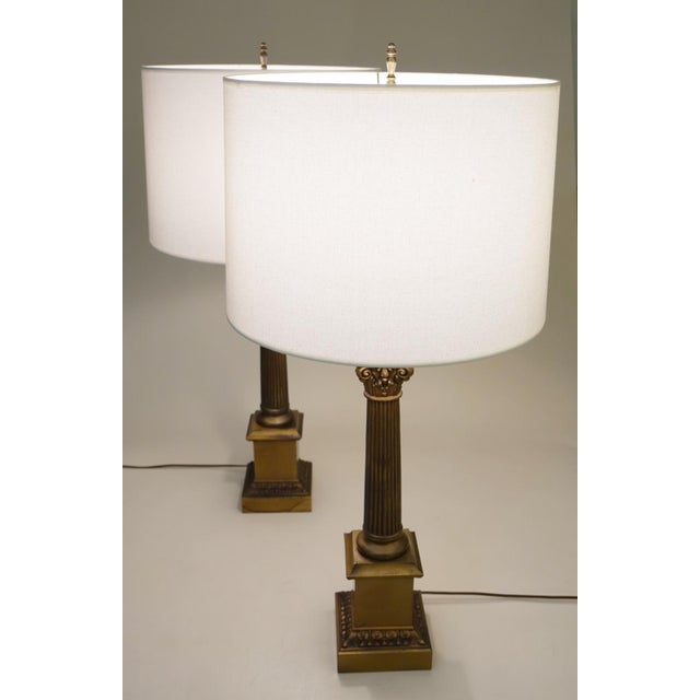 Large Pair Westwood Neoclassical Hollywood Regency Corinthan Column Bronzed Brass Table Lamps 1960's Tony Paul For Sale - Image 10 of 10