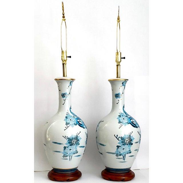 Huge Lamp Pair Blue & Metallic Gold Hand Painted Peacocks 1960s Kutani Restored For Sale - Image 18 of 18