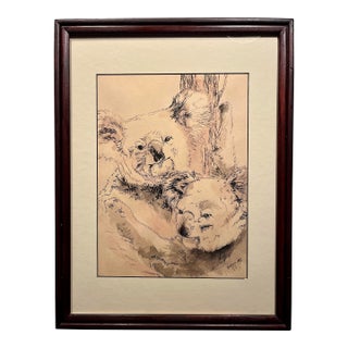 1974 Original Watercolor & Ink Australian Koala Bears Signed & Framed Painting For Sale