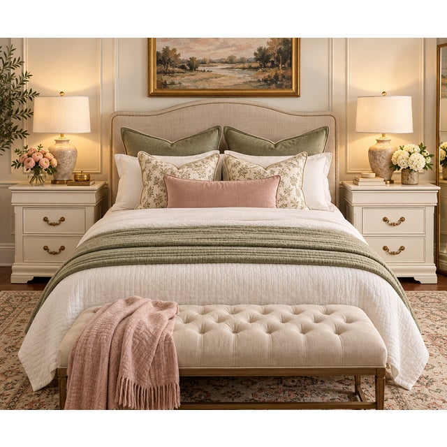 Pair of Three-Drawer Traditional Nightstands in Natural Linen For Sale - Image 11 of 11