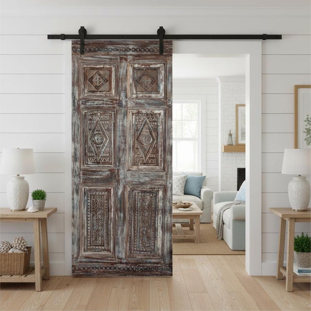 Mid-Century Modern Antique Hand-Carved French Door — Single Sliding Barn Door for Bedroom or Interior Use 80x34 For Sale - Image 3 of 4
