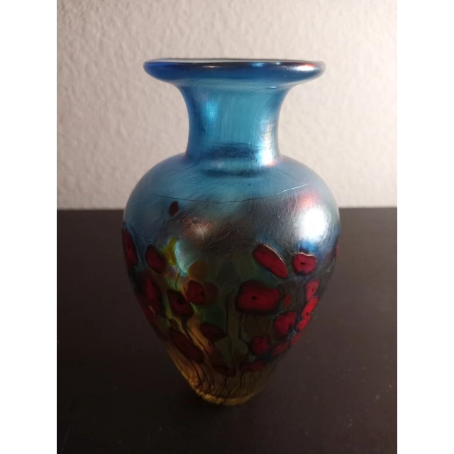 This is a STUNNING Robert Held Canada Handpainted California Poppy Pattern Blue Stretch Art Glass 5" Bud Vase. Procured at...