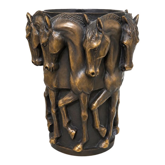 Bronze Eight Prancing Horse Vase Sculpture in the Style of Auguste Moreau, Art Nouveau Equestrian Vessel For Sale