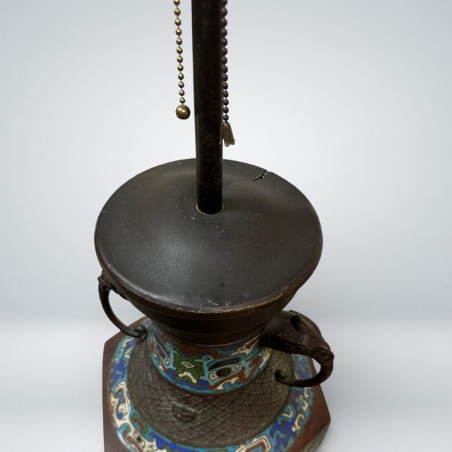 Brown Chinese Dragon Handle Bronze Cloisonné Lamp, Early 20th Century For Sale - Image 8 of 11