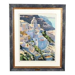 Vintage Howard Behrens Limited Edition Original Large Scale Hand Signed Hillside at Fira Serigraph #246