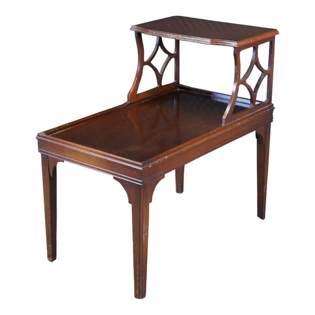 Mid 20th Century Mid Century Mahogany 2 Tiered Fretwork End Side Accent Table For Sale