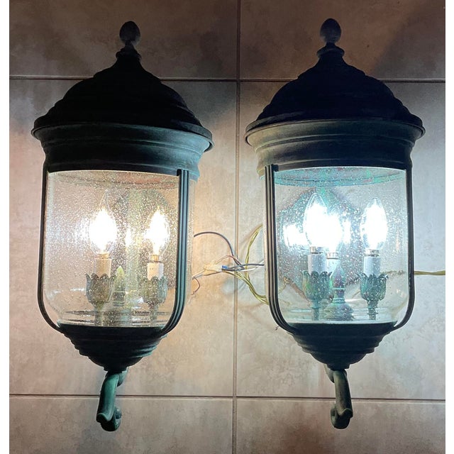American Pair of Vintage Solid Brass Wall Lanterns /Sconces 22”x10”x11”.5 For Sale - Image 3 of 16