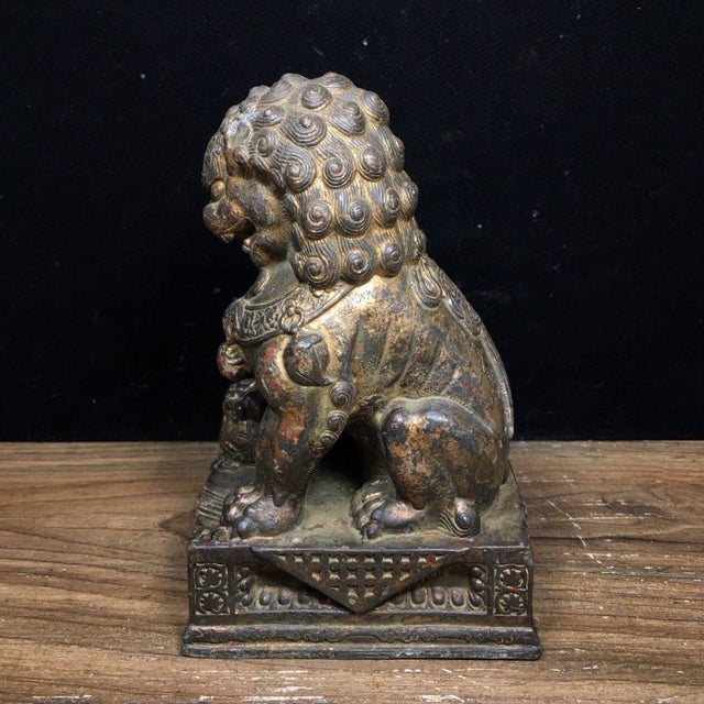 Bronze Pair of Vintage Bronze Guardian Lion Statues on Decorative Bases For Sale - Image 8 of 9