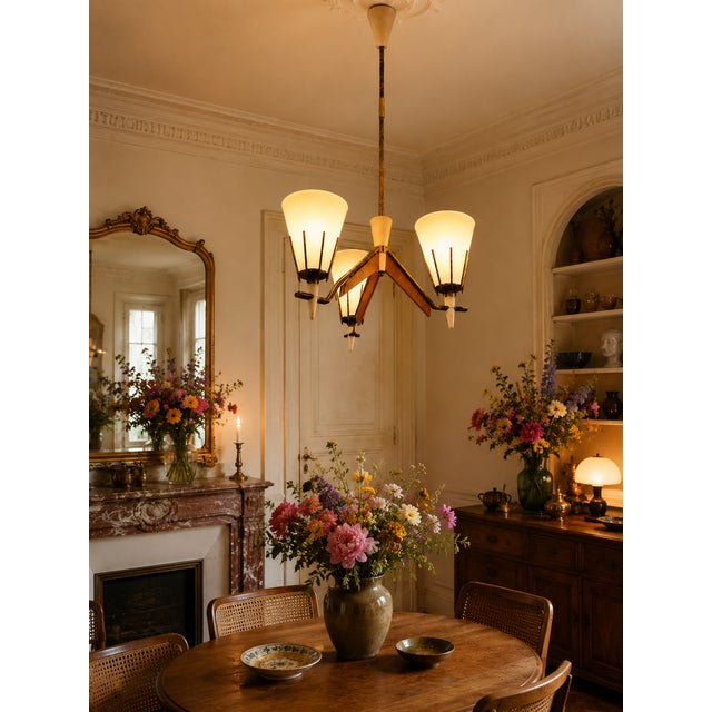 1950s Mid-Century Scandinavian Chandelier in Wood, Brass and Opaline Glass, 1950s For Sale - Image 5 of 6