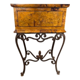 Vintage Tessellated Burl Wood Table on Wrought Iron Base For Sale