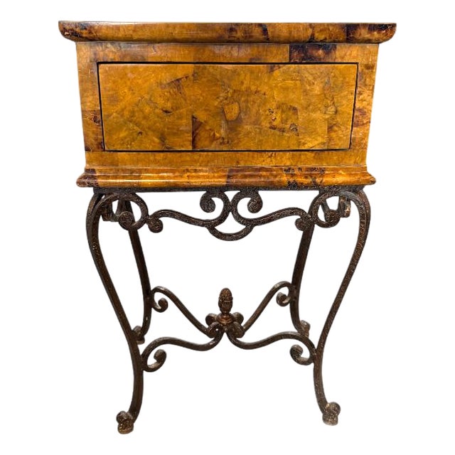 Vintage Tessellated Burl Wood Table on Wrought Iron Base For Sale