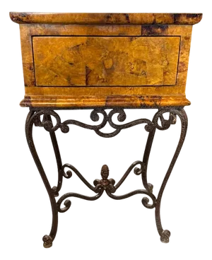 Vintage Tessellated Burl Wood Table on Wrought Iron Base