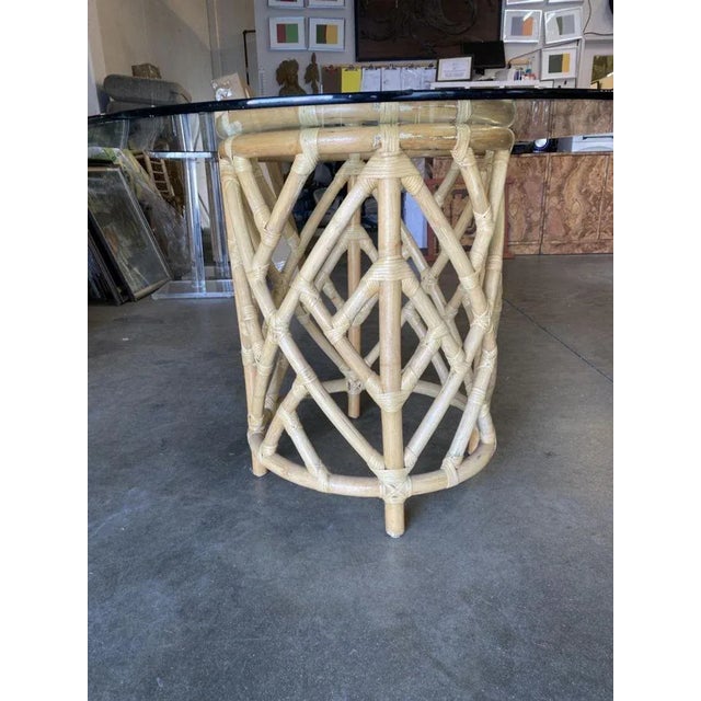 1960s 1960s Round Pedestal Table and Geometric Bucket Armchair Rattan Dining Set of 5 For Sale - Image 5 of 12