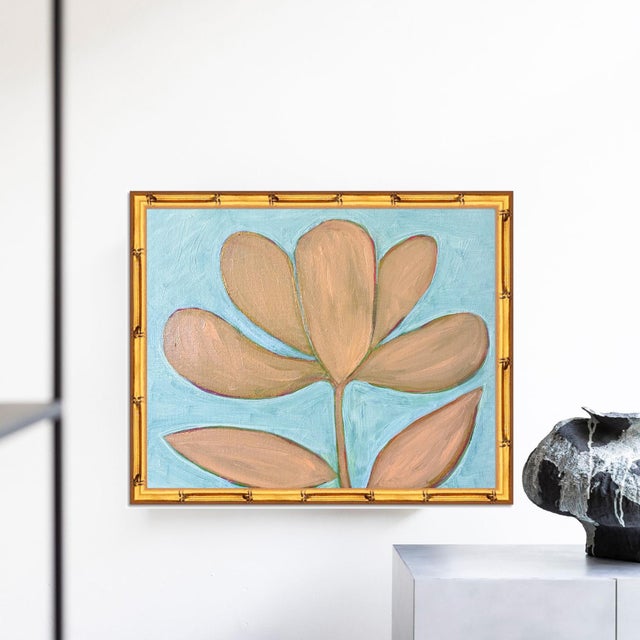 A quietly beautiful original painting featuring an oversized botanical leaf rendered in warm peach and blush tones against...