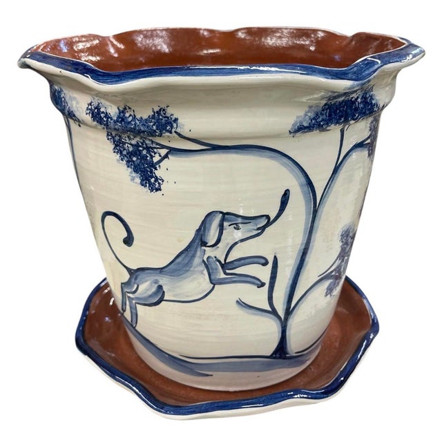 2000 - 2009 Hand-Painted Italian Style Ceramic Planter & Saucer With Animal & Botanical Motif For Sale - Image 5 of 12